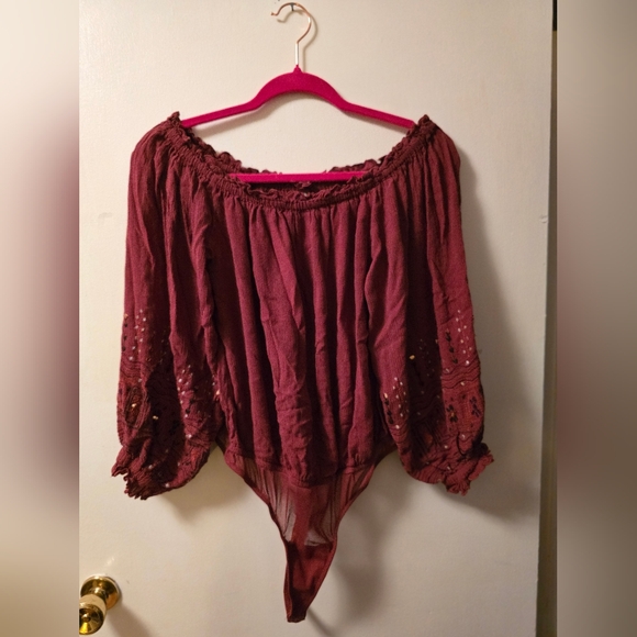 Free People Burgundy Off-Shoulder Bodysuit with Embroidered, Embellished Sleeves - Picture 1 of 10